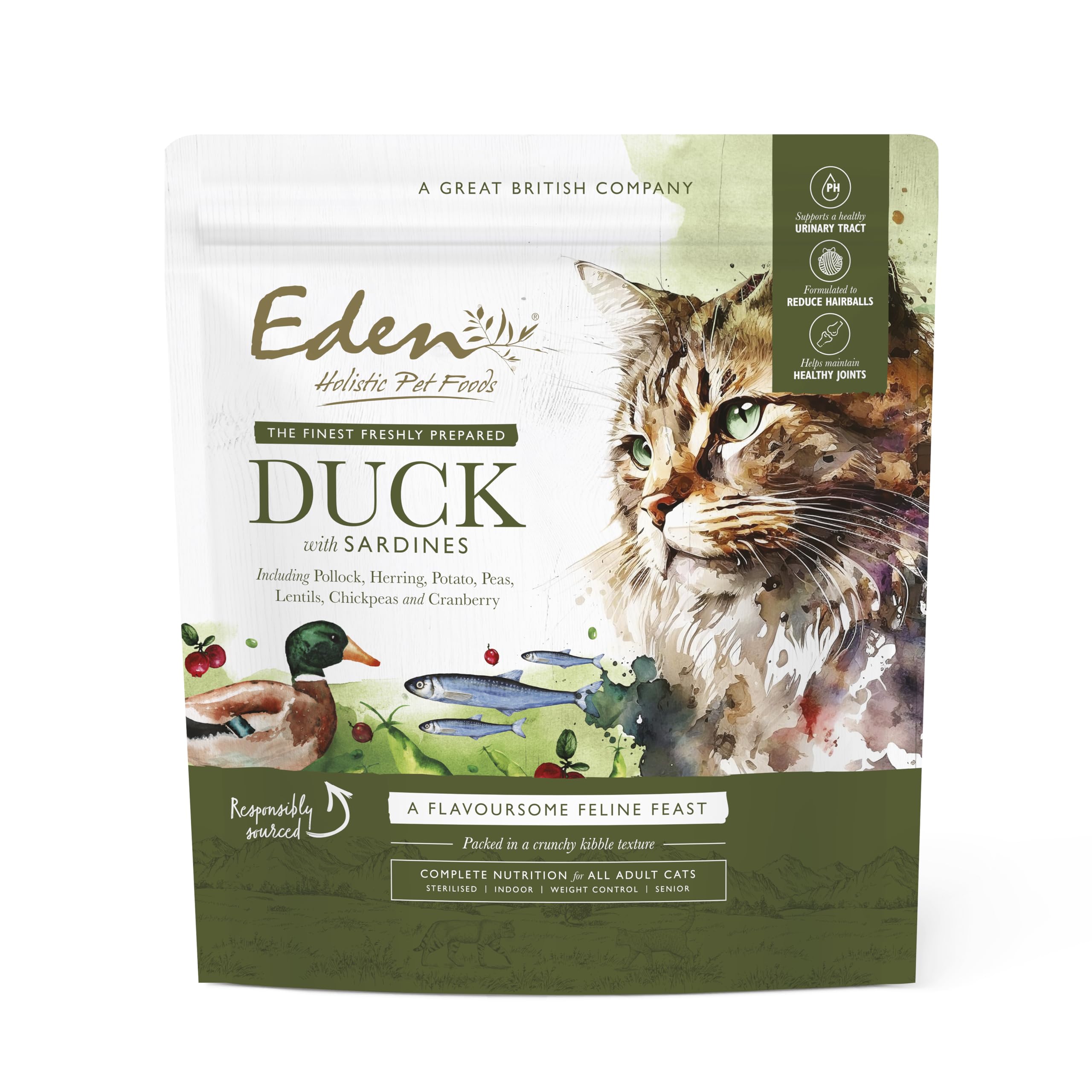 Eden Feline Feast Duck with Sardines 1.5kg. Naturally Complete Premium Dry Cat Food for Adult & Senior Cats. Helps Reduce Hairballs, Supports a Healthy Urinary Tract, Maintain Healthy Joints