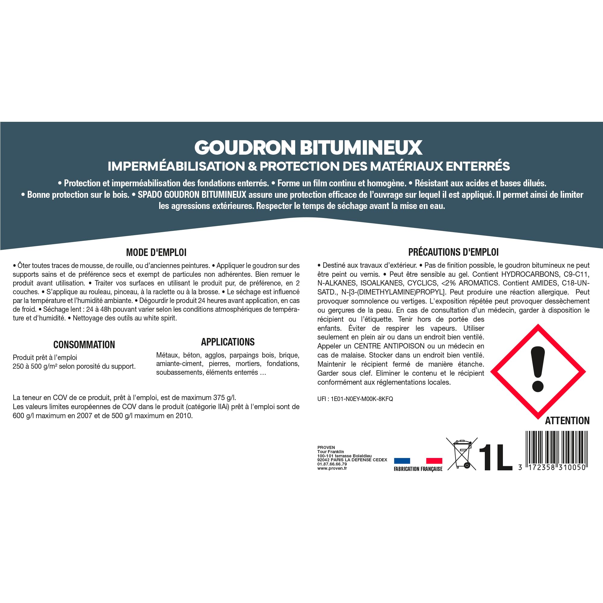 Goudron Bitumineux Imperméabilisant Protection Surfaces Extérieures Enterrées Bois Anti-Rouille Anti-Acide Anti-Humidité 1 Litre