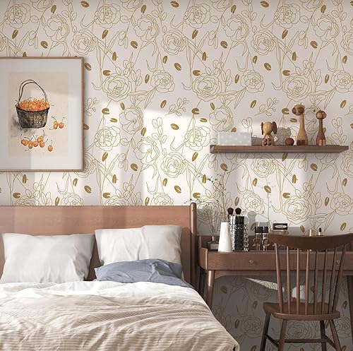 Miniatura 4 de Papel tapiz floral para despegar y pegar, papel de contacto bohemio dorado y blanco, papel tapiz de hojas doradas, papel tapiz autoadhesivo