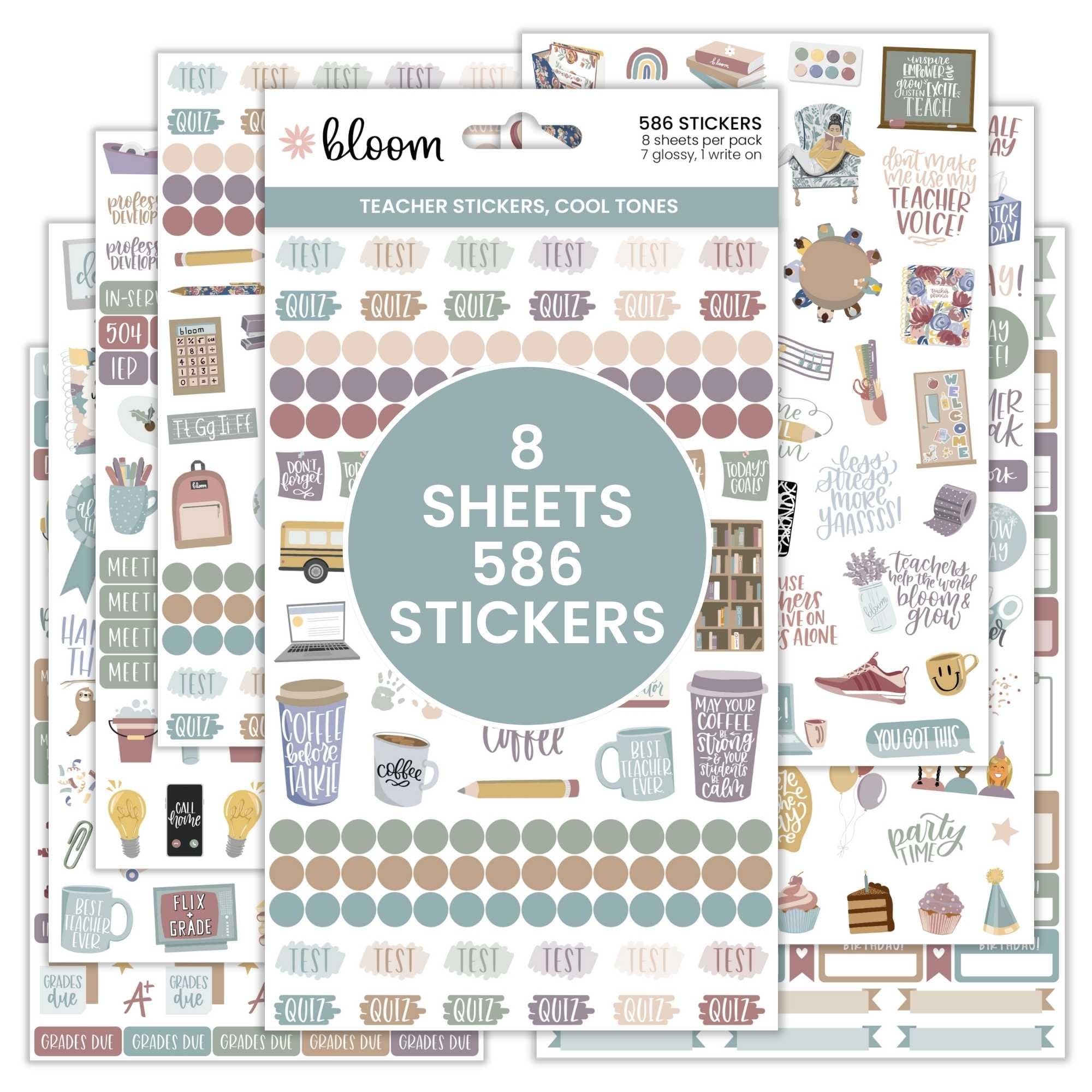 bloom daily planners Teacher Planner Sticker Pack - School Themed Planning Stickers for Educators, Homeschoolers, etc.- 8 Sheets/586 Stickers - Cool Tones