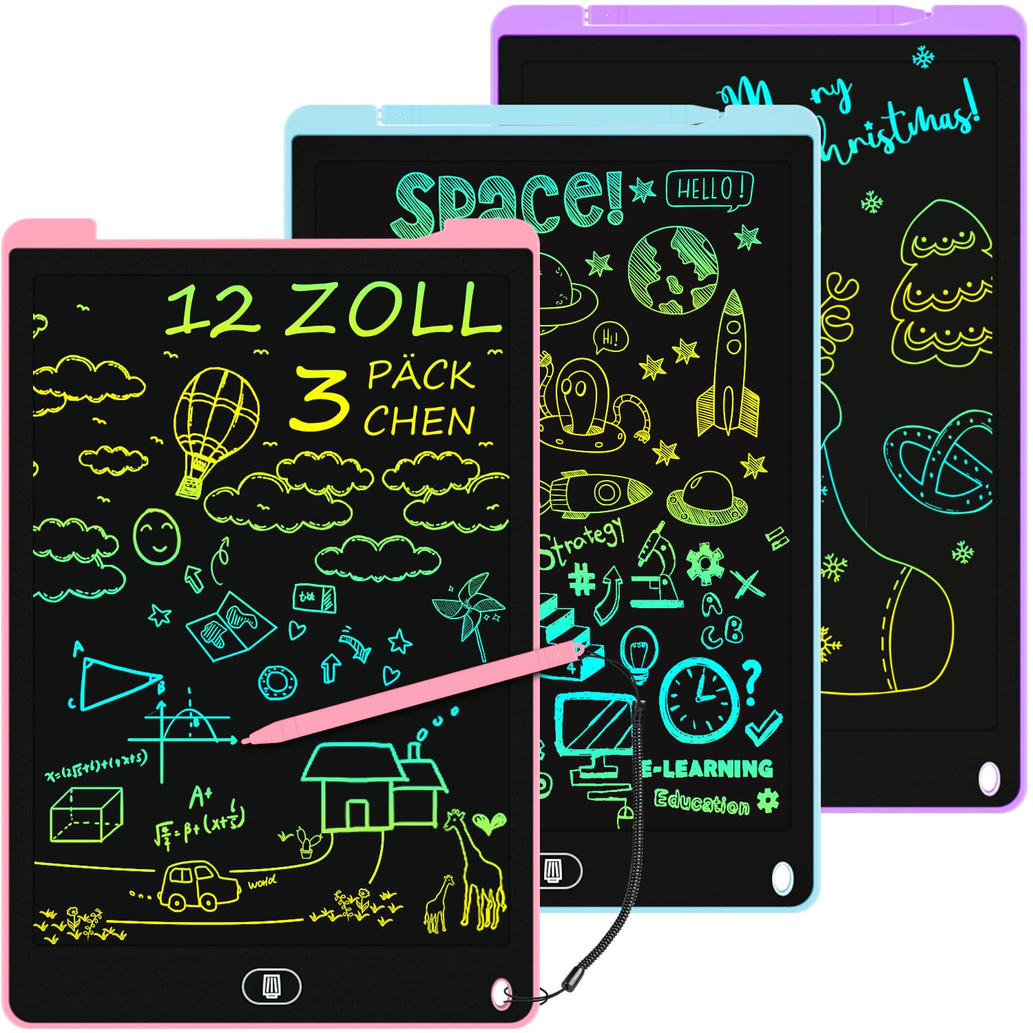 Electight 3 Pack 12 Inch LCD Drawing Tablet Kids Colorful Writing Boards, Reusable Drawing Pad Toddler Preschool Educational Toys Gifts for 2 3 4 5 6 7 Year Old Boys Girls, Blue Pink Purple