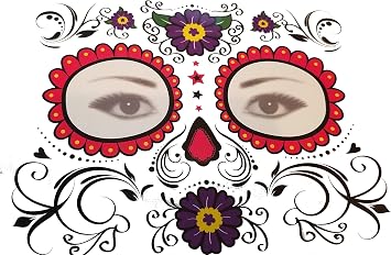 Sugar Skull, Dia de Los Muertos Temporary Face Tattoo Red Details Red