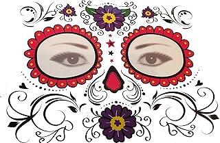 Sugar Skull, Dia de Los Muertos Temporary Face Tattoo (Red Details) (Red)