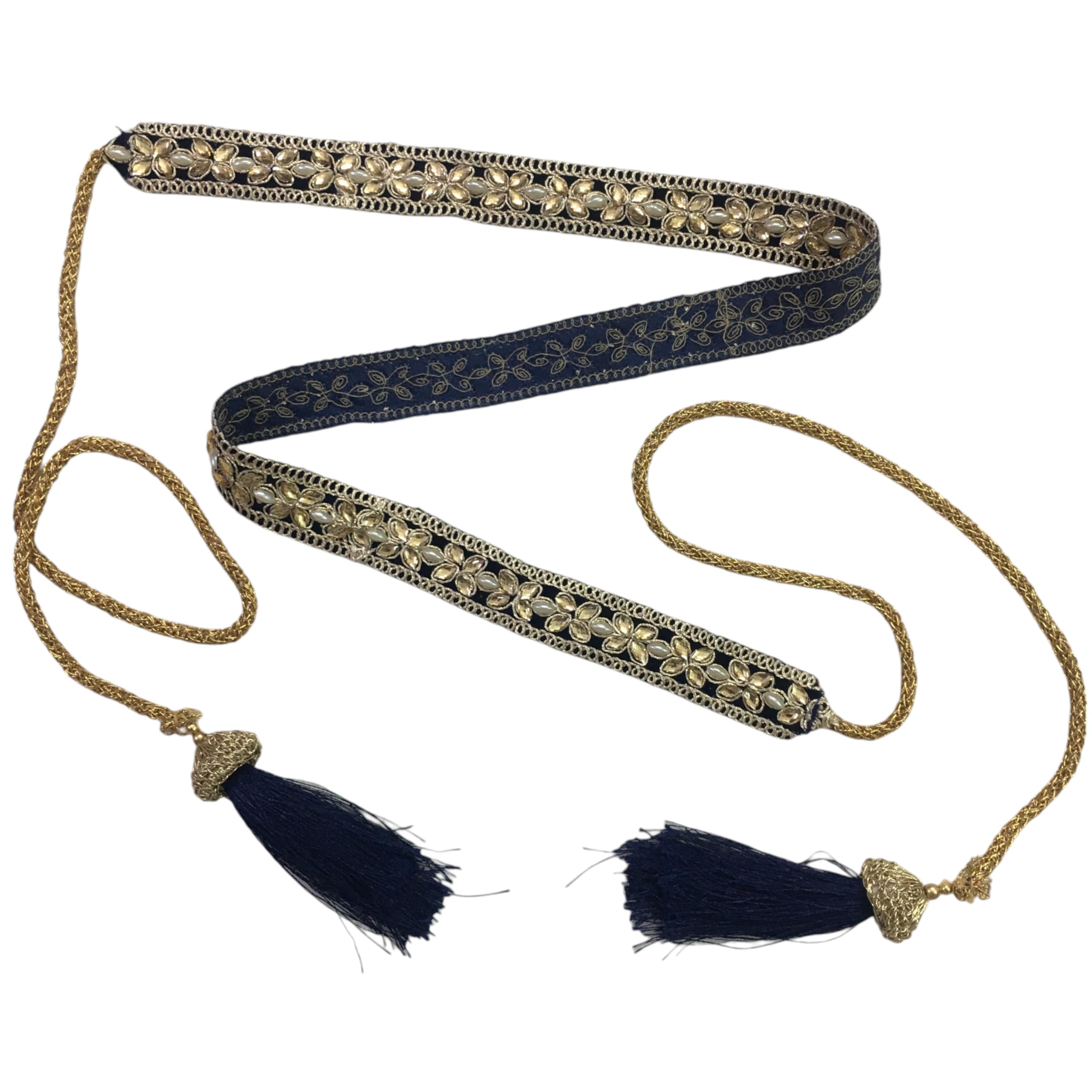 Traditional and Beautiful Navy Blue Velvet Embroidery Belt for Women | Perfect Vaddanam and Kamarbandh | Saree Belt for Women, Waist Belt For Girls With Decorative stone kundan moti-image-44
