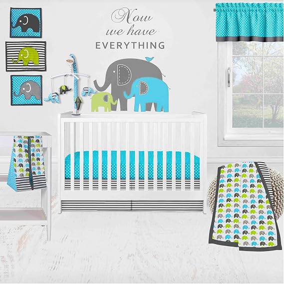 Bacati - Single Light Filtering Curtain Panel Elephants (Aqua Lime Gray)