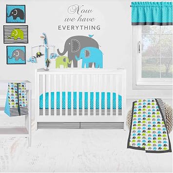 Bacati - Single Light Filtering Curtain Panel Elephants (Aqua Lime Gray)
