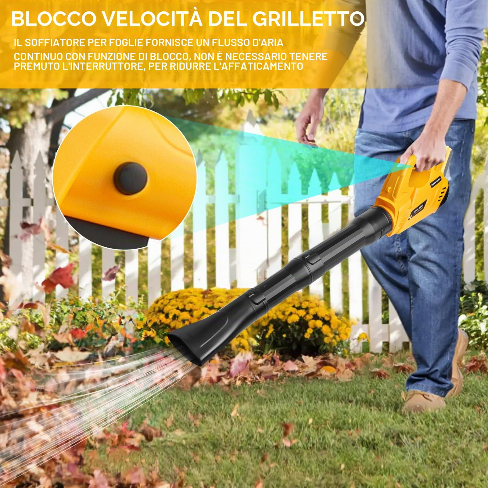 Powarobor Soffiatore per fogliame a batteria DEWALT 18 V XR MAX (20000 giri/min,9 m³/min,6 livelli,funzione di blocco,tracolla senza batteria, ideale per giardino e cortile, foglie autunnali