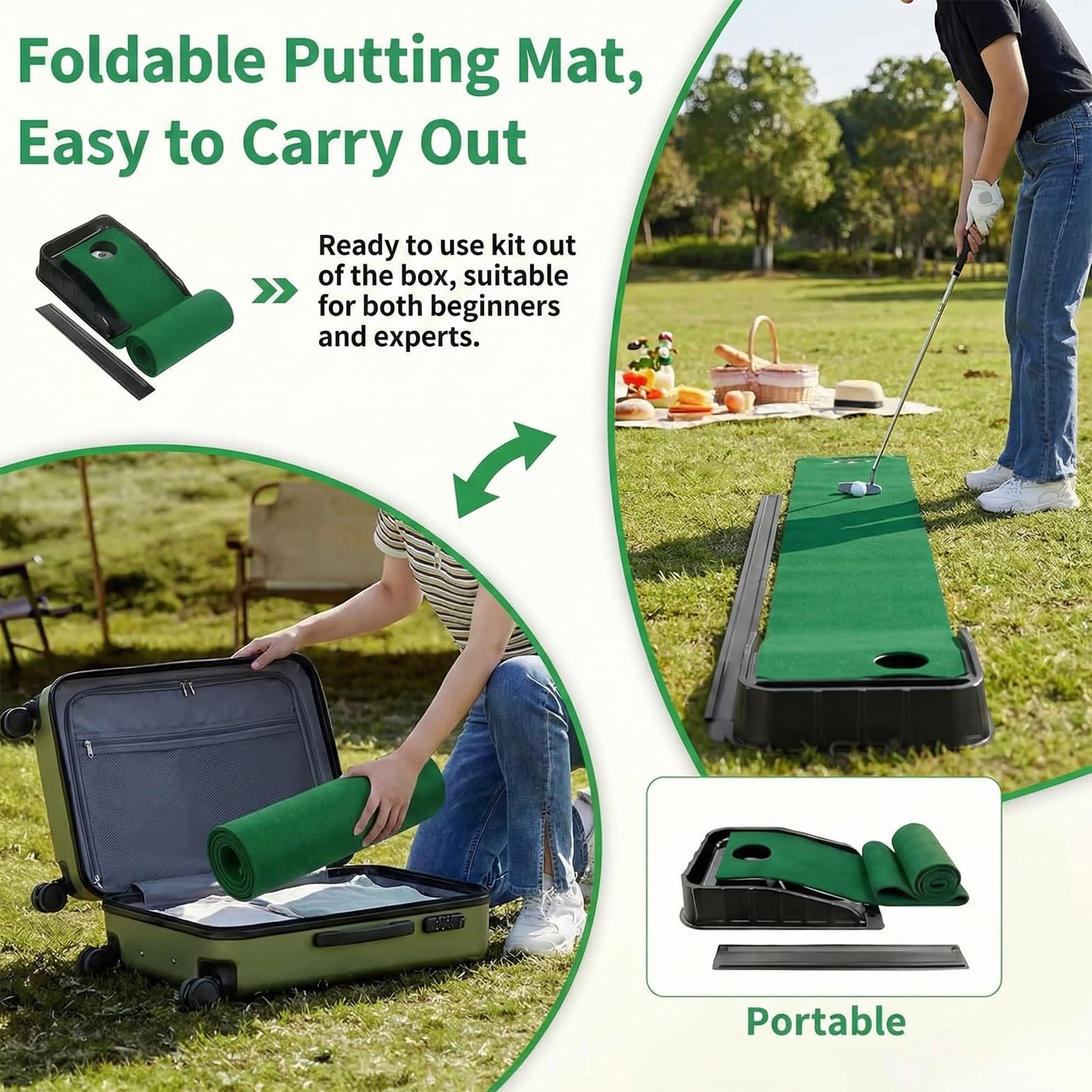 Tapis de golf vert d'intérieur avec retour automatique de balle et 3 trous, entraînement à domicile et aide à la pratique pour homme, tapis de golf adapté pour bureau, salle de loisirs, terrasse