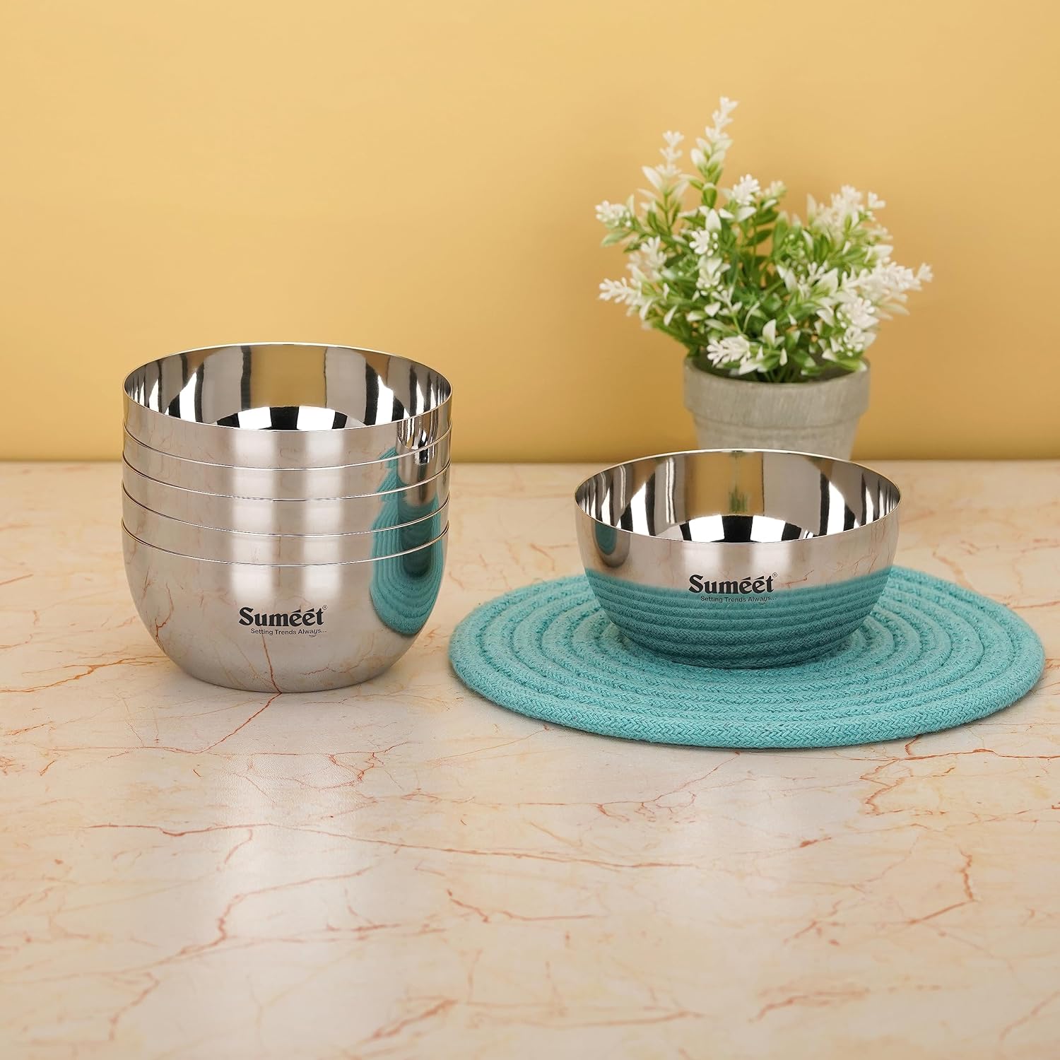 Sumeet Heavy Gauge Stainless Steel Big Size Apple Bowl/Wati/Katori with Mirror Finish 12.2cm Dia, Set of 6pc, 550ML Each, Silver