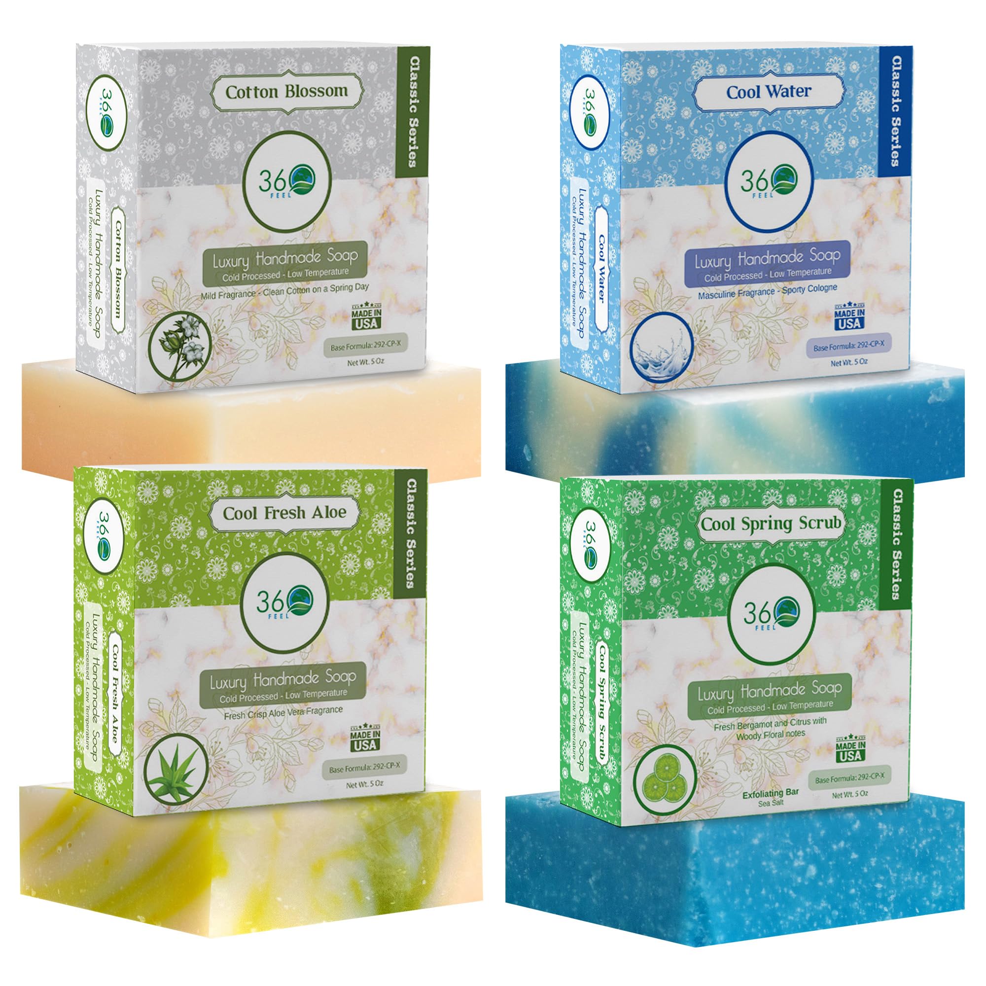 360 Feel Fresh Bar Soap Set - Made in the USA - Castile Handmade All Natural Cold Processed - Infused 4 Refreshing Scents Aloe Vera, Cotton Blossom, Spring Scrub, & Cool Water - (5oz, 4-Pack)