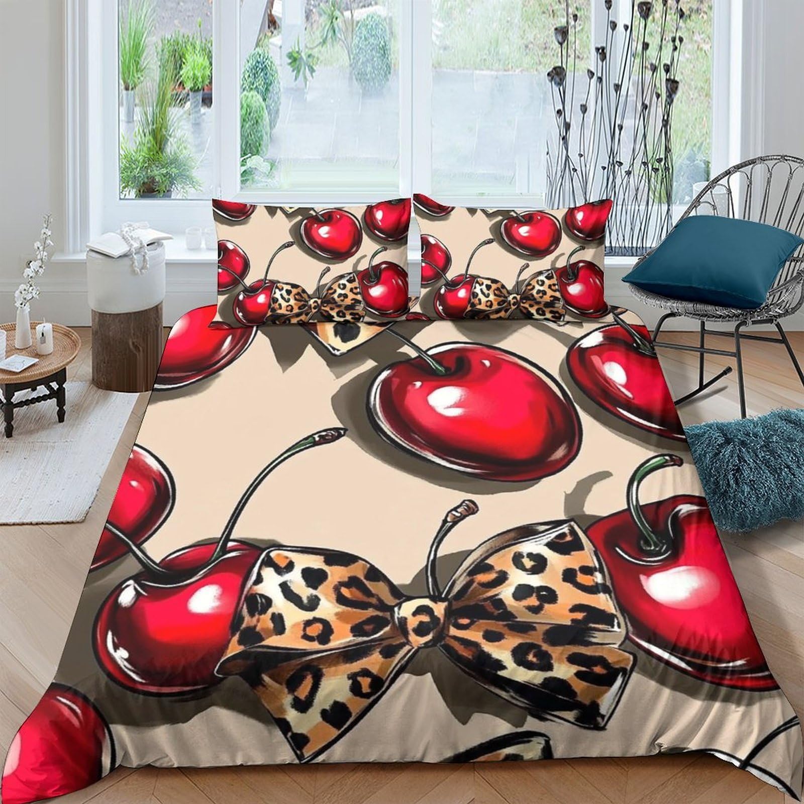 GPLZQXKJNH 3D Printed Cherry Leopard Bow Duvet Cover Microfiber Soft Breathable Bedding Set with 2 Pillowcases for Bedroom Rental Home Single（135x200cm）
