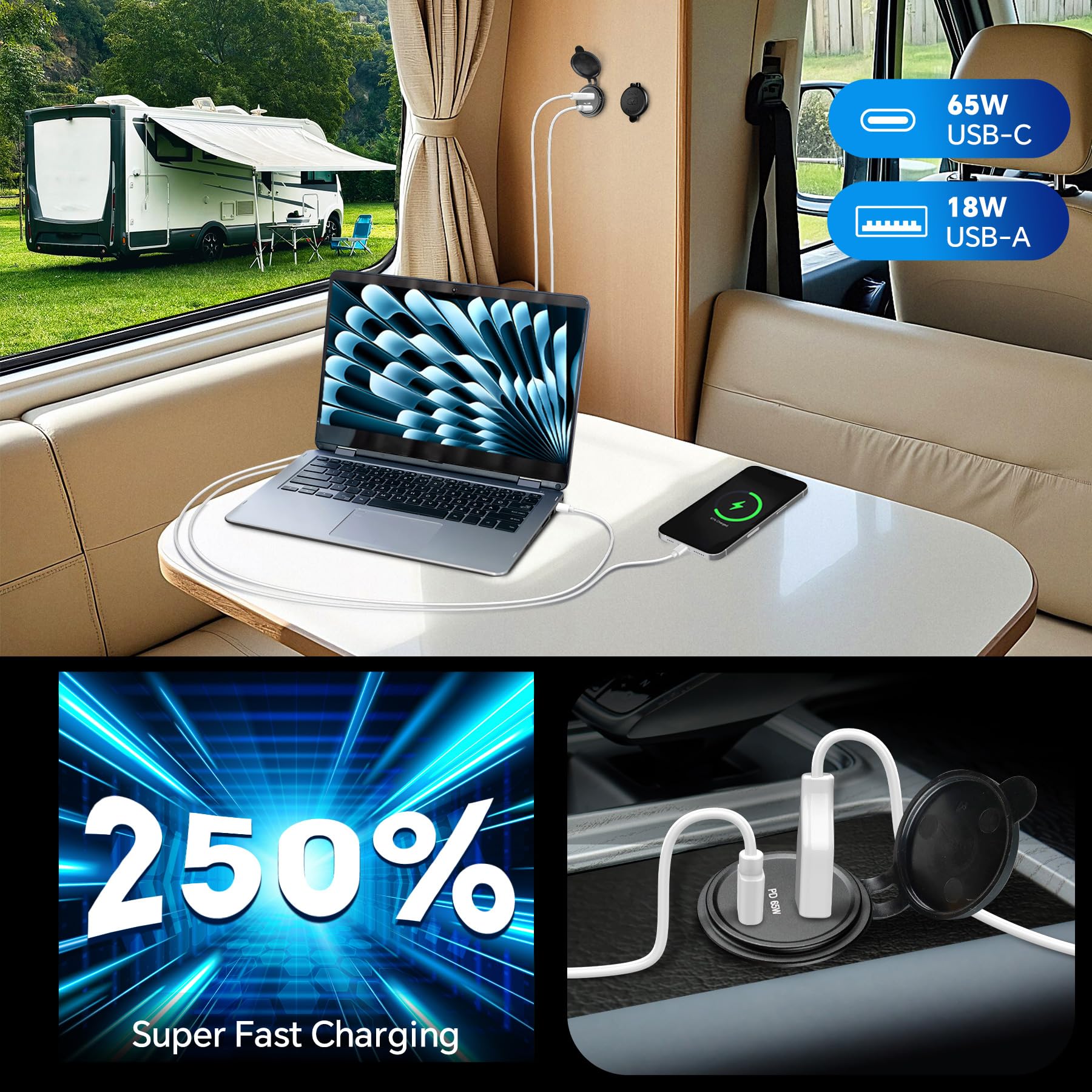 acegoo Toma USB 12V 65W PD3.0 y QC3.0 18W, Camper Aluminio Impermeable Enchufe, Computadoras Portátiles Cargador de Coche, Carga Rápida Empotrable para Autocaravana Barco Marino ATV Golf, 2 Piezas