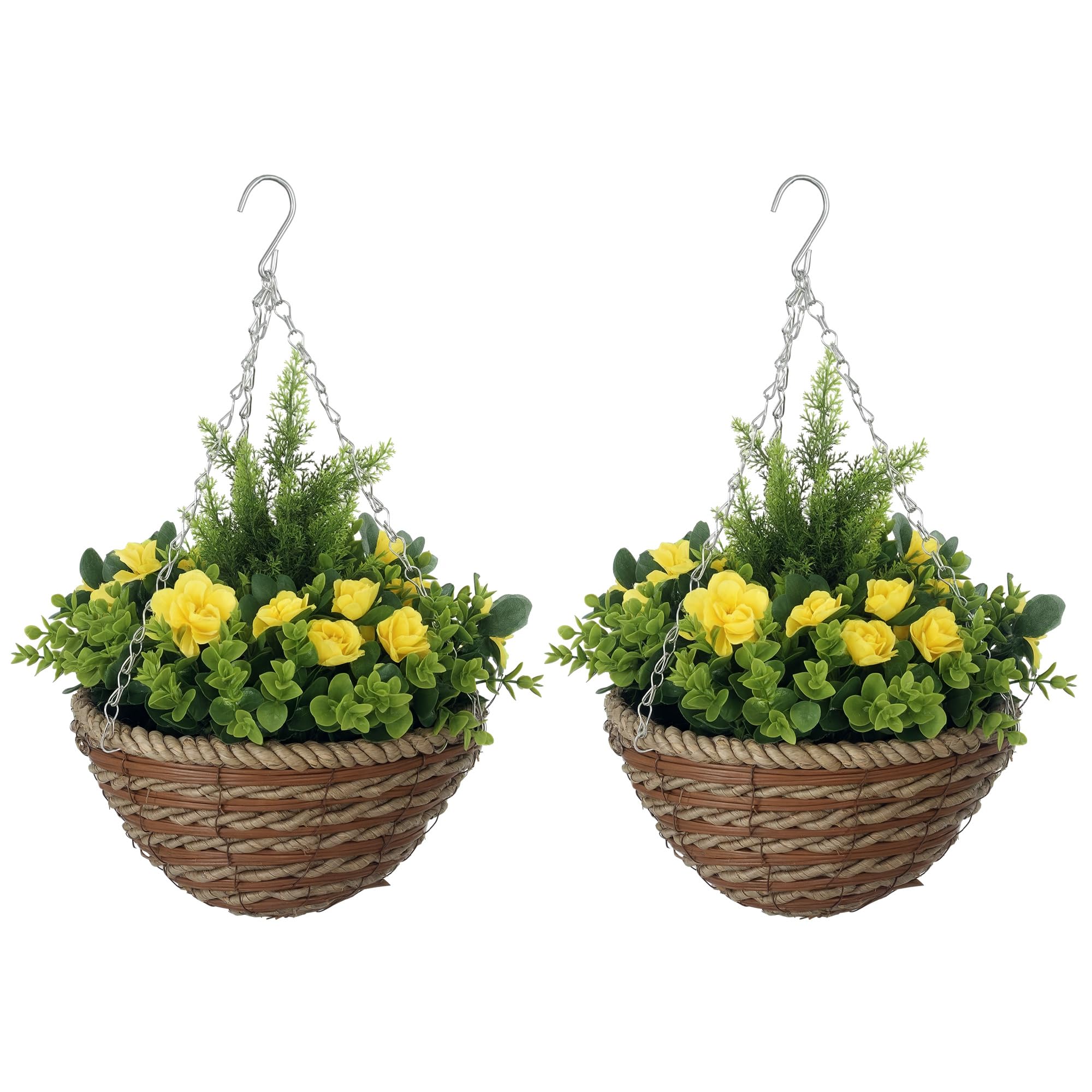 Outsunny Pack of 2 Faux Plant Artificial Lisianthus Flowers Hanging Planter with Basket for Indoor Decoration, Yellow