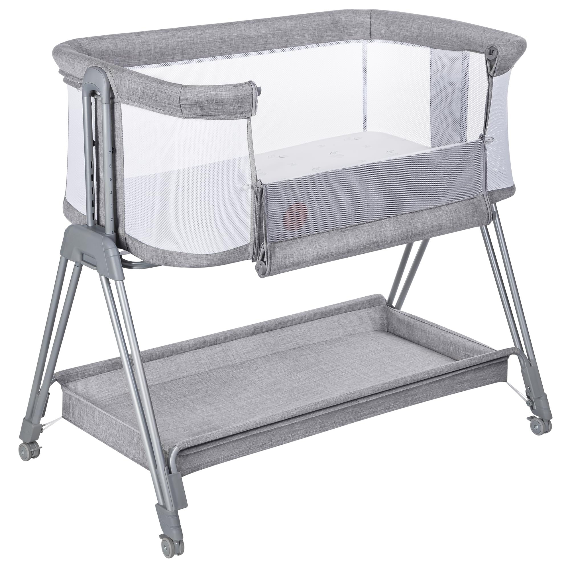 lionelo Luna 2in1 Bedside Crib for babies from Birth to 9kg with Adjustable Height & Incline 4 Lockable Wheels Portable Baby Co-Sleeper Breathable Mesh Washable Mattress & Cover Basket