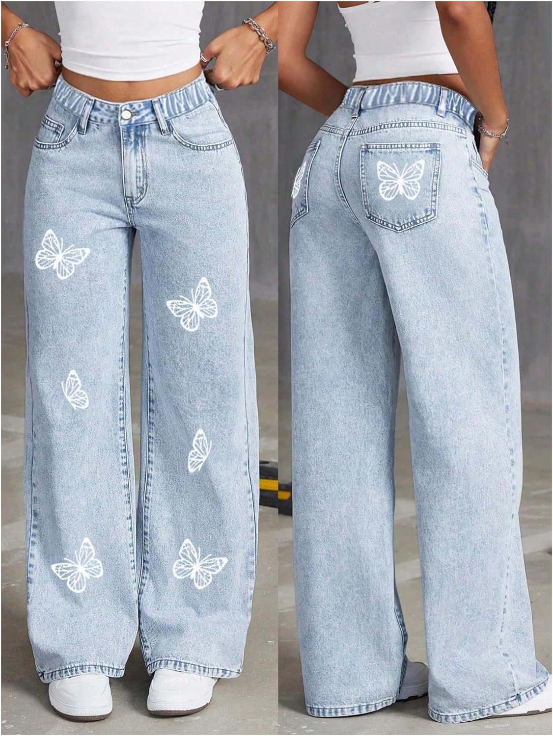 WDIRARA Girl's Butterfly Print Baggy Jeans Straight Leg Denim Pants Streetwear - Image 3
