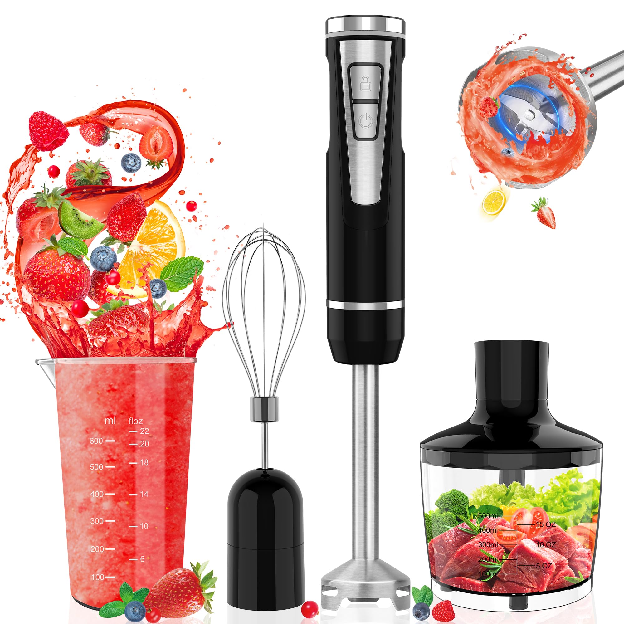 Cordless Immersion Blender Handheld: 4-in-1 Cordless Hand Blender with 500ml Chopper, 600ml Beaker, Egg Whisk, 8 Speeds Hand Stick with USB Rechargeable for Smoothies, Baby Food, Soup (Black)
