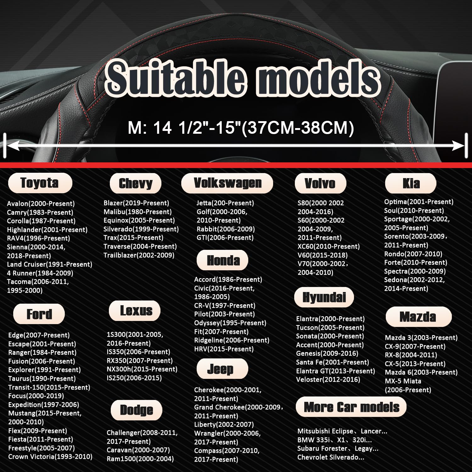 Black Panther Maßgeschneiderte Lenkradabdeckung für Volkswagen, Toyota, Mercedes, Peugeot, BMW, Renault, Audi, Ford, Skoda, Hyundai, Kia, Universal Passform 37-38cm (14.5-15")- Schwarz