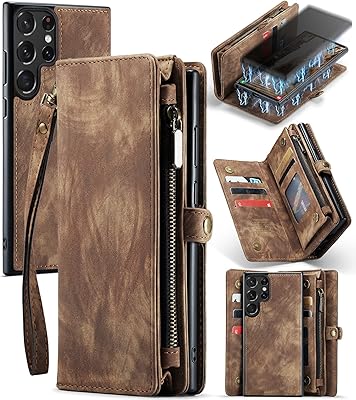 Asuwish Phone Case for Samsung Galaxy S23 Ultra 5G Zipper Wallet Detachable Cover with Screen Protector and Leather Flip Cash Card Holder Cell Accessories S23ultra 23S S 23 S23ultra5g Women Men Brown