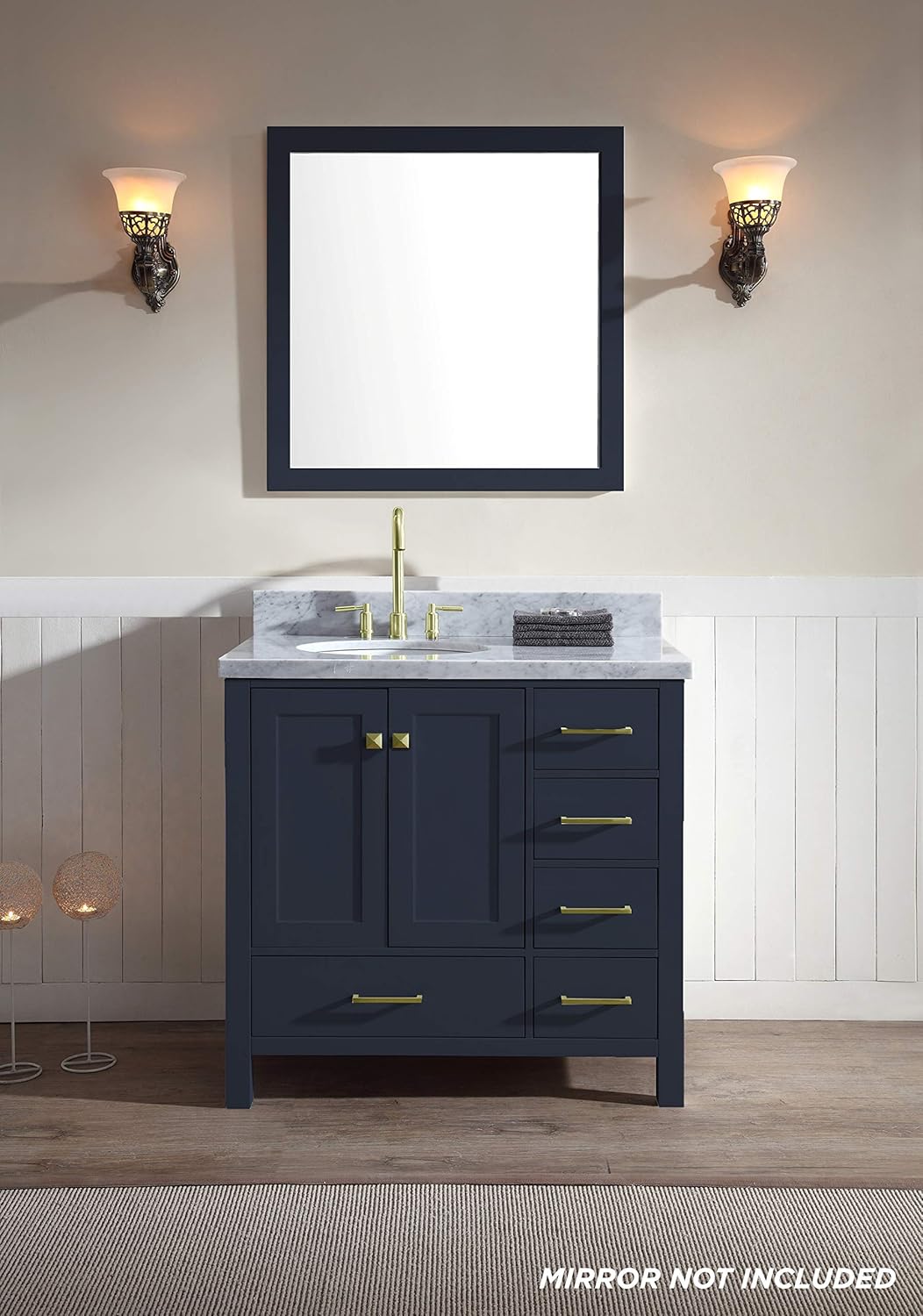 ARIEL Cambridge A037S-L-VO-MNB 37" Inch Single Left Offset Round Oval Sink Solid Wood Midnight Blue Bathroom Vanity Cabinet with 1.5" Inch Edge White Carrara Marble Countertop and Backsplash