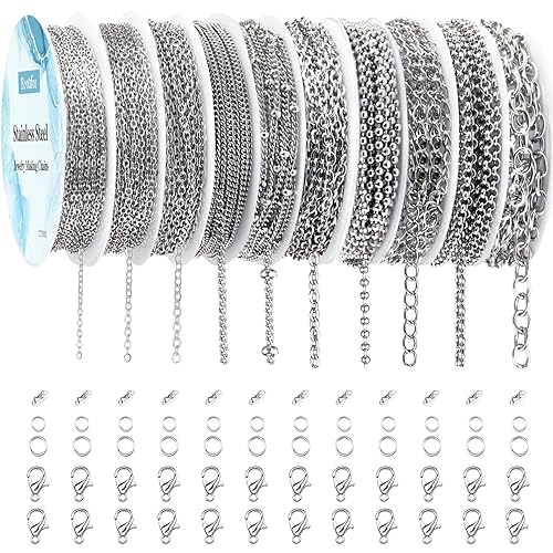Ecoofor Necklace Chains for Jewelry Making, 78.7 Feet 10 Rolls Stainless Steel Jewelry Chains for DIY Necklace Bracelet Jewelry Making with Stainless Steel Jump Rings/Lobster Clasps/Connectors - Silver - 10 Rolls