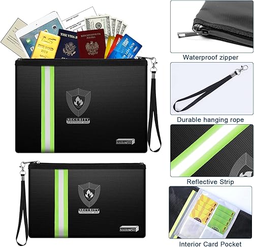 Miniatura 6 de Bolsa de documentos ignífuga con cremallera de metal y tira reflectante, bolsa impermeable segura contra incendios para efectivo, pasaporte,