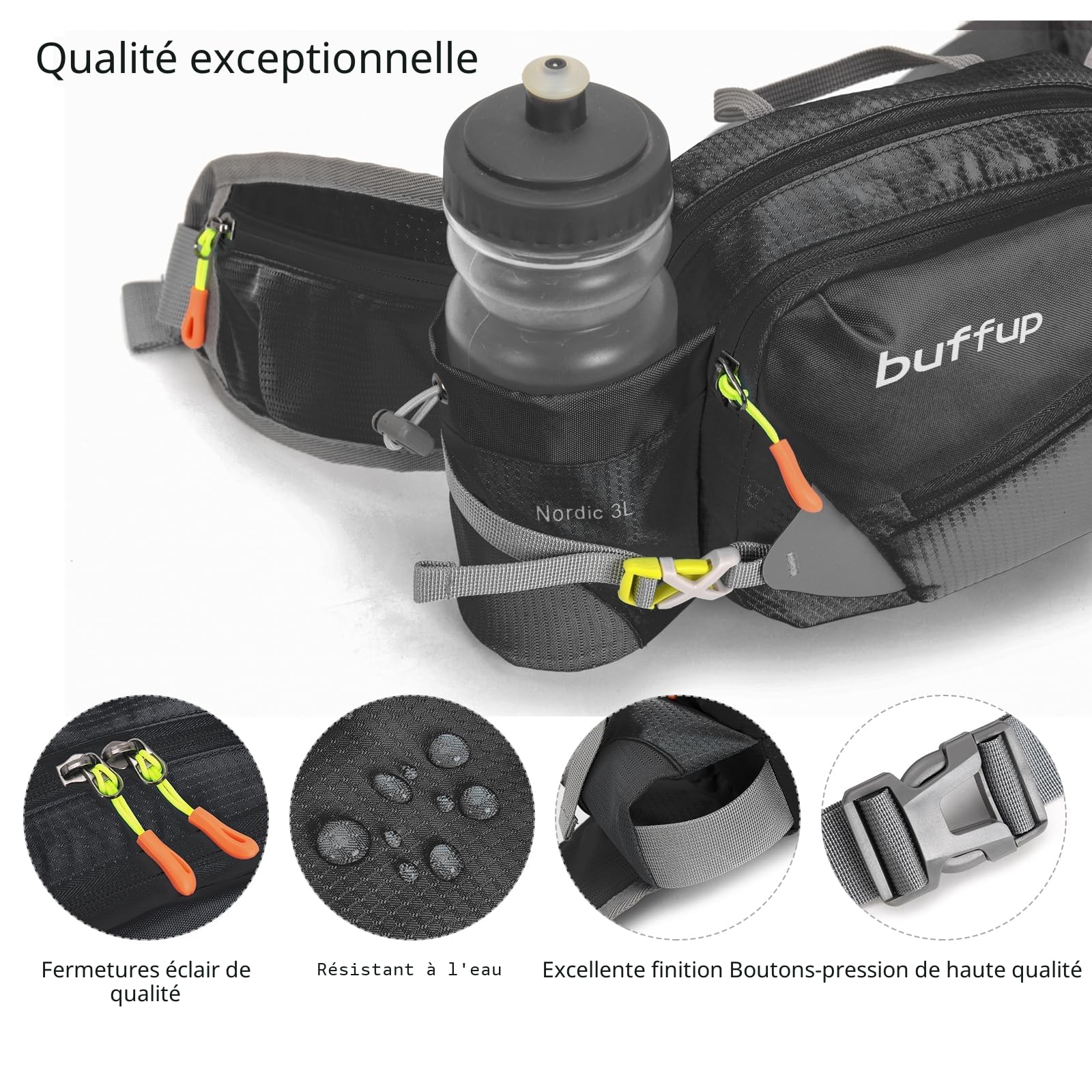 Sac Banane de randonnée Femme et Homme,Sacoche Banane de Sport Ceinture avec Pore Bouteille,Idéal pour la Course à Pied,Le vélo,Le Voyage(Noir :)