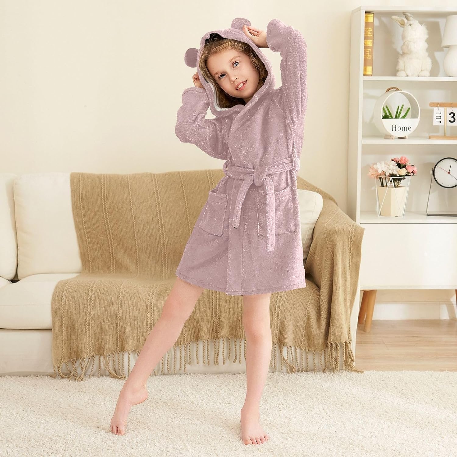 ODAWA Rosy Brown Kids Bathrobe, Soft Plush Hooded Towel Robe for Boys Girls, Quick Dry Swimming Bath Wrap with Pockets