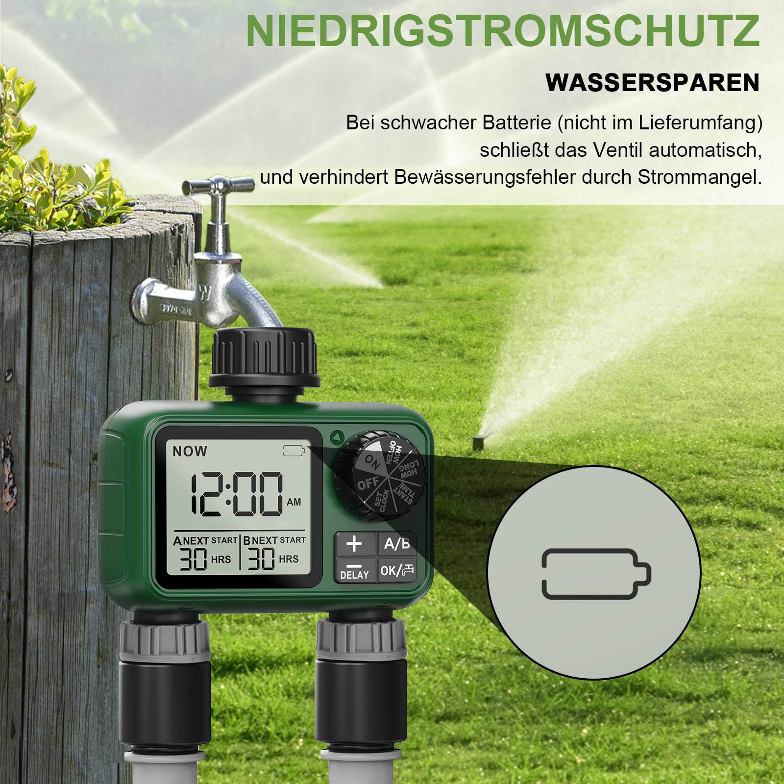 Bewässerungscomputer 2 Ausgänge, Großes LCD-Display Bewässerungsuhr, Automatische Bewässerung Zeitschaltuhr mit Regenverzögertem Manuellem Wasserhahn-Zeitschaltuhr für Garten Rasen