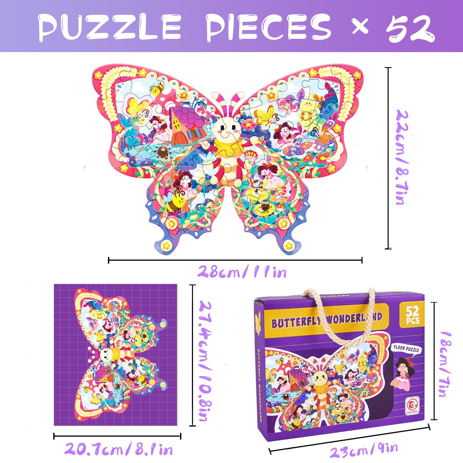 FORMIZON Puzzle per Bambini, 52 Pezzi Puzzle Bambini Jigsaw, Animal Puzzle Bambini, Ragazza Ragazzo Regalo Puzzle, Educativo Giocattoli per Ragazzi Ragazze 5 6 7 8 9 Anni (Farfalla)