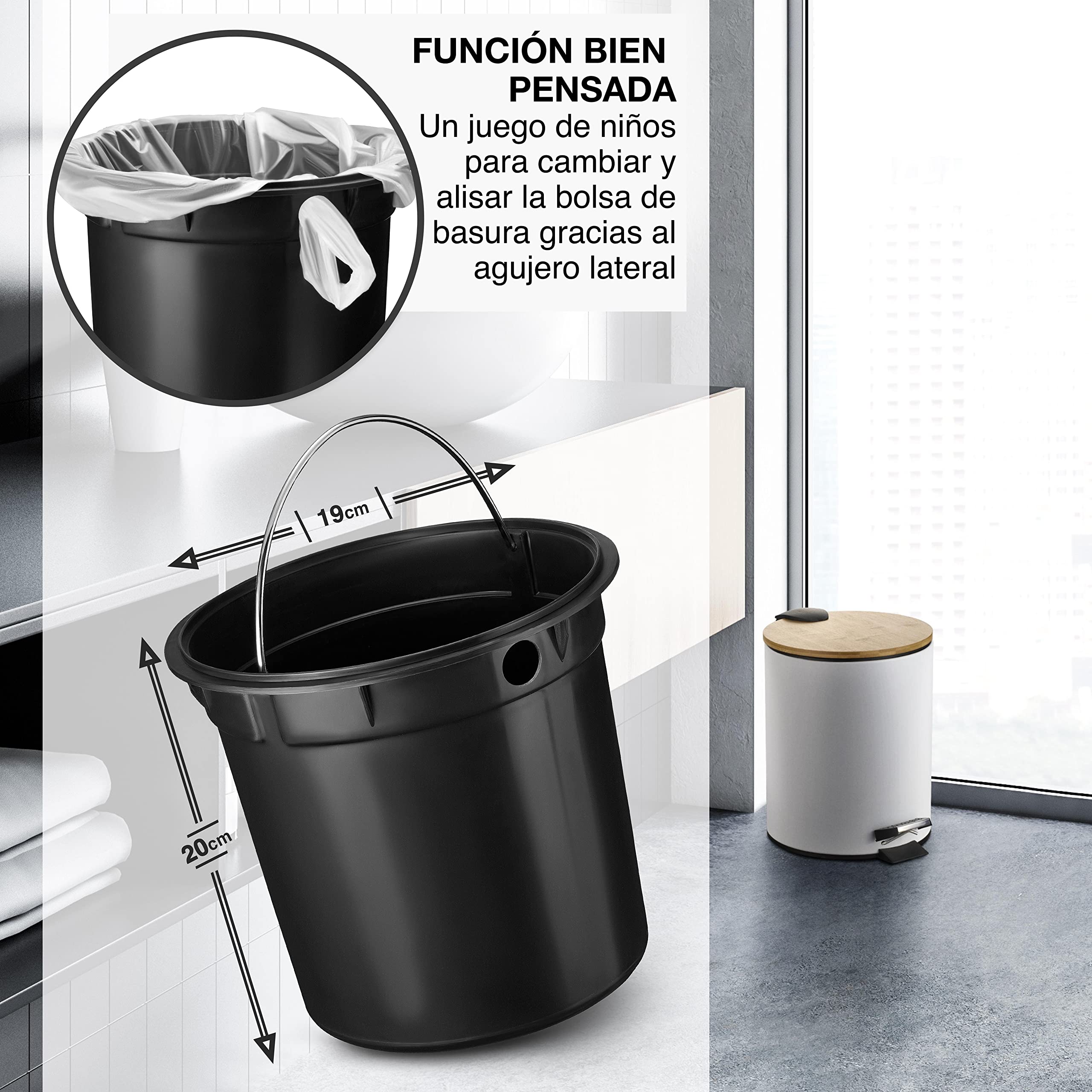 VMbathrooms Papelera baño de 5L en noble diseño blanco | Cubo de baño con cierre suave | Elegante cubo para el baño con contenedor interior y tapa de madera de bambú | + E-Book Gratis