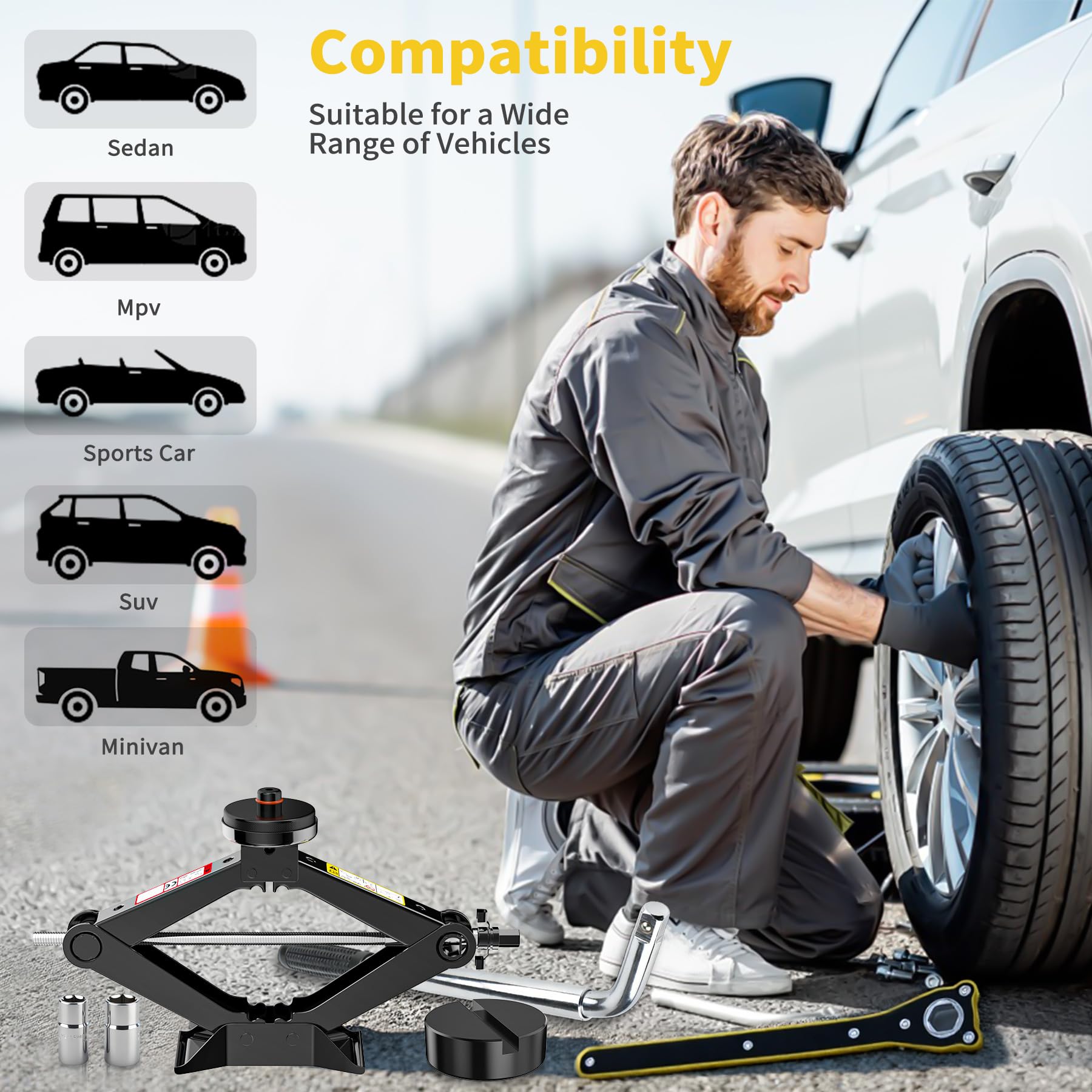 Cric per Auto Ispessito 1.5T, Kit Completo Include Chiave a Cricchetto Leva Telescopica per Pneumatici e 2 Cuscinetti in Gomma, Crick Auto per Cambio Gomme di Emergenza Portatile per SUV