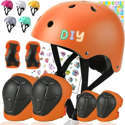Color Gradient Kids Bike Helmet and Pads Adjustable Helmet for Kids Protective Gear Set with Elbow Knee Pads Wrist Guards for Cycling Bicycle