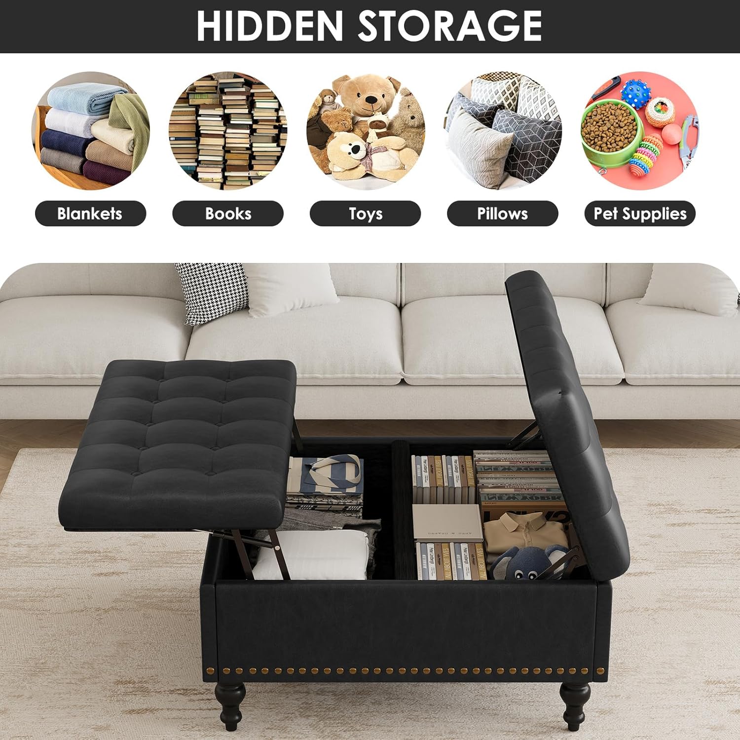 35” Large Ottoman Coffee Table, Faux Leather Square Ottoman Bench with Storage, Upholstered Ottomans with Lift Top & Wood Legs for Living Room, Black