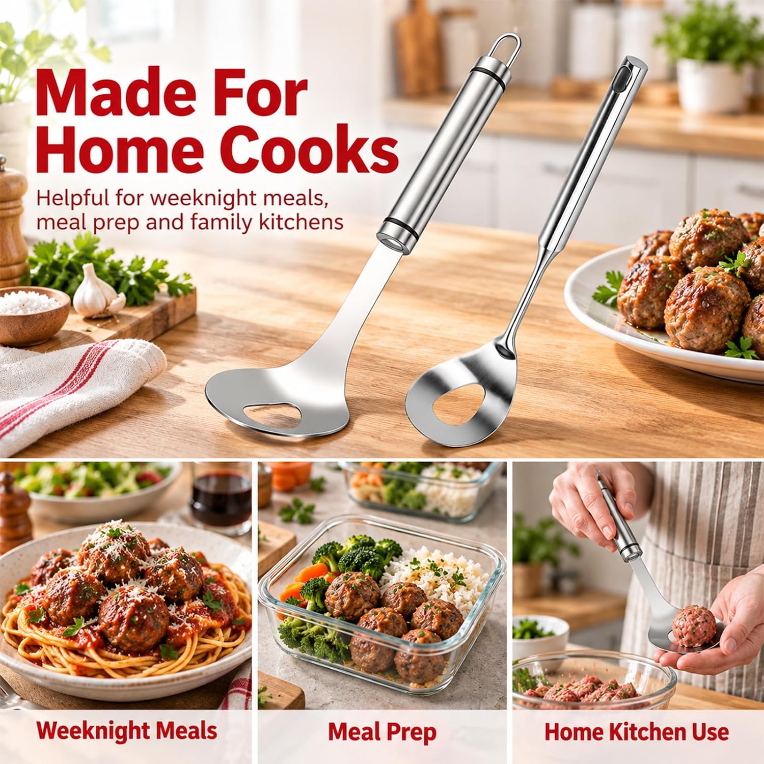 Meatball Spoon, Stainless Steel Meatball Maker Scoop with Hole, Style B