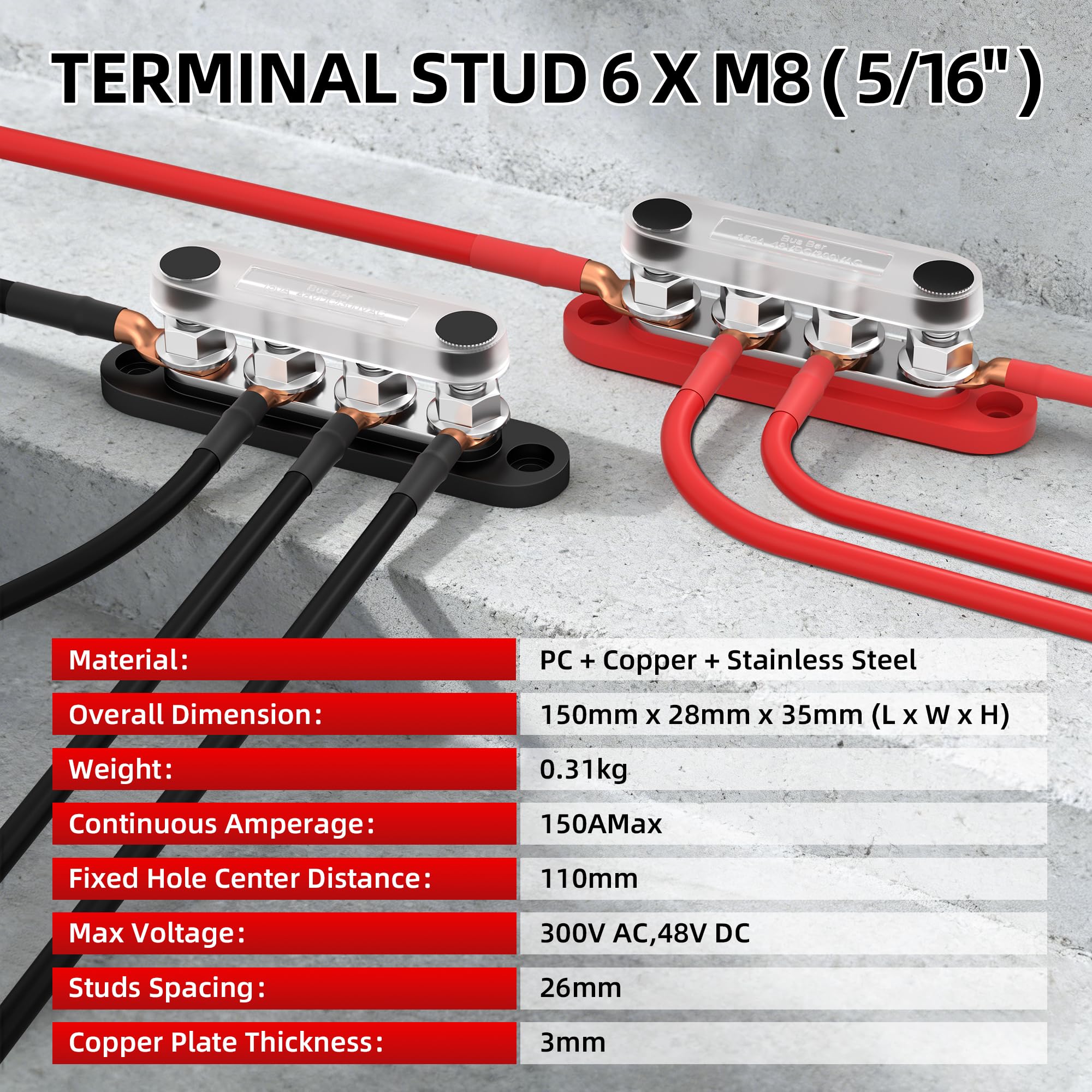 Joinfworld Sammelschiene Busbar 12V,150A Stromverteilungsblock,Marine Stromverteilerblock mit Abdeckung,6x3/8"Anschlussbolzen,bis 150VAC 48VDC,Positive & Masse-Sammelschiene für Auto