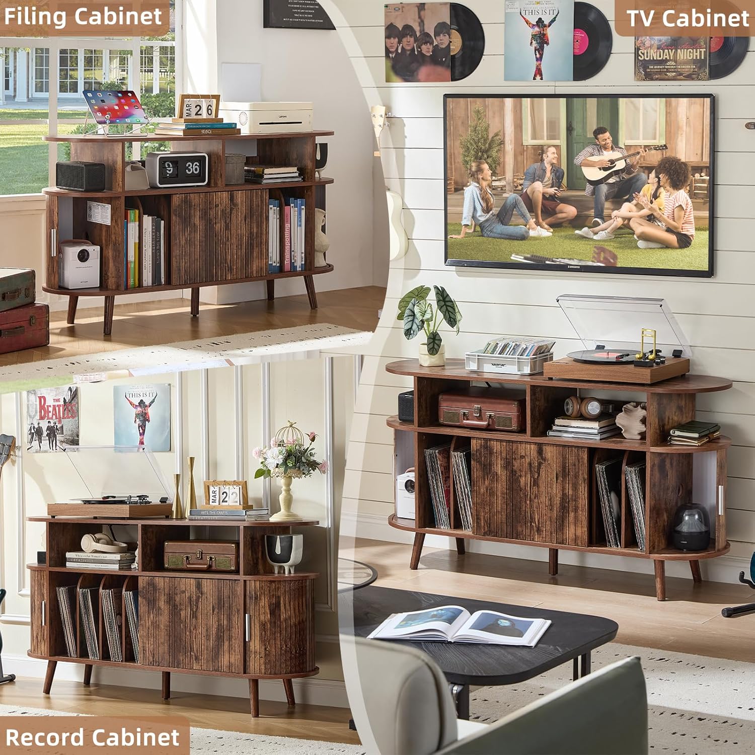 LELELINKY Large Round Record Player Stand with Charging Station & Fluted Panel, Brown Mid Century Modern Turntable Cabinet with Vinyl Storage, Arched Wood Record Player Table for Living Room Brown Large
