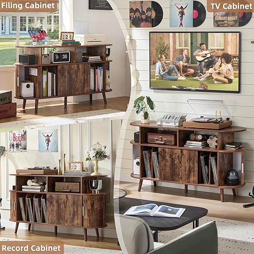 Miniatura 8 de LELELINKY Soporte redondo grande para tocadiscos con estación de carga y panel estriado, gabinete giratorio moderno de mediados de siglo marrón con