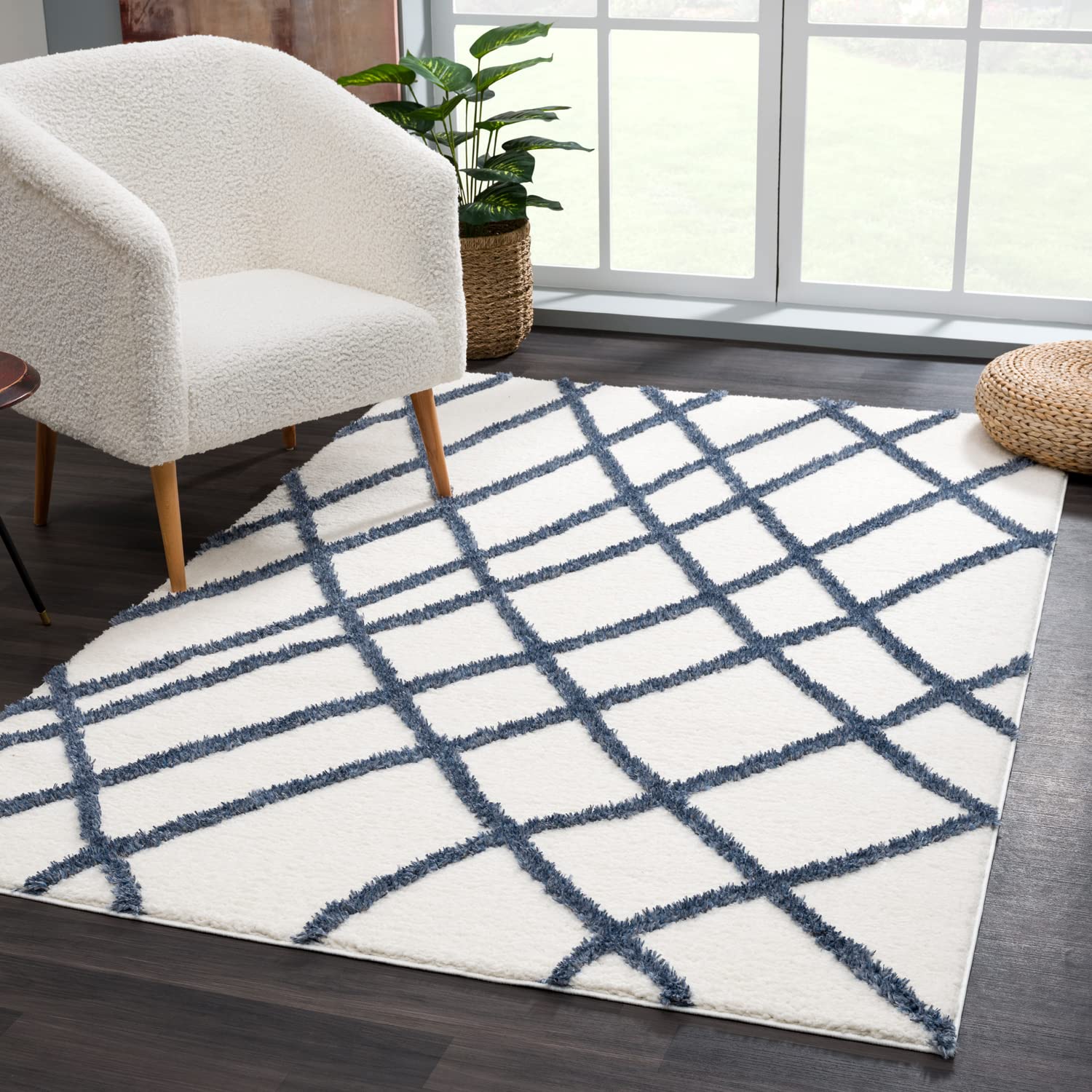 Keen Home Design Living Room Rugs - 5x8 Geometric Shaggy Rugs - Ultra Soft, Non-Shedding Carpet for The Kitchen, Bedroom, Living Room - Thick Shaggy Rug, Size: 5’3’’ x 7’7’’, Navy