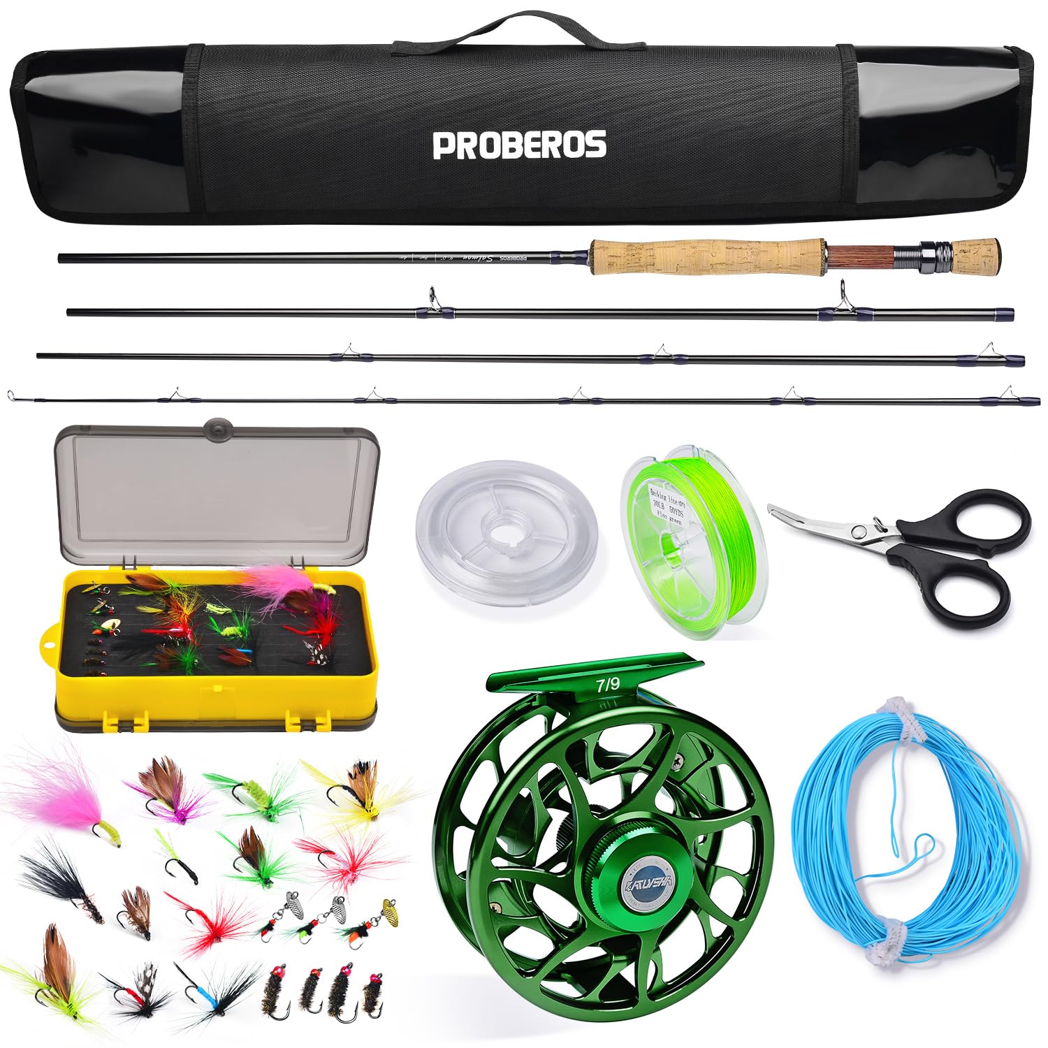 PROBEROS Pêche à la Mouche Combo - Ensembles Cannes et moulinets Ensemble de démarrage Complet avec étui - Pêche à la Mouche Kit Complet Tenue