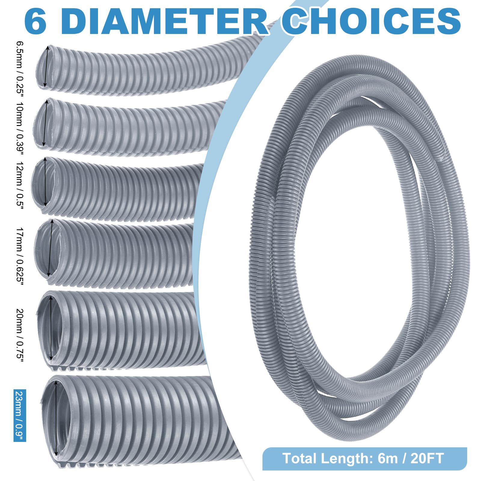 QUARKZMAN Gaine Fendue pour Câbles 1"(23mm) DI 20FT(6m) Gaine Protectrice Résistante À La Chaleur Et Au Froid -40F À 257F Conduit Flexible en Plastique Protecteur De Câbles Électriques, Gris