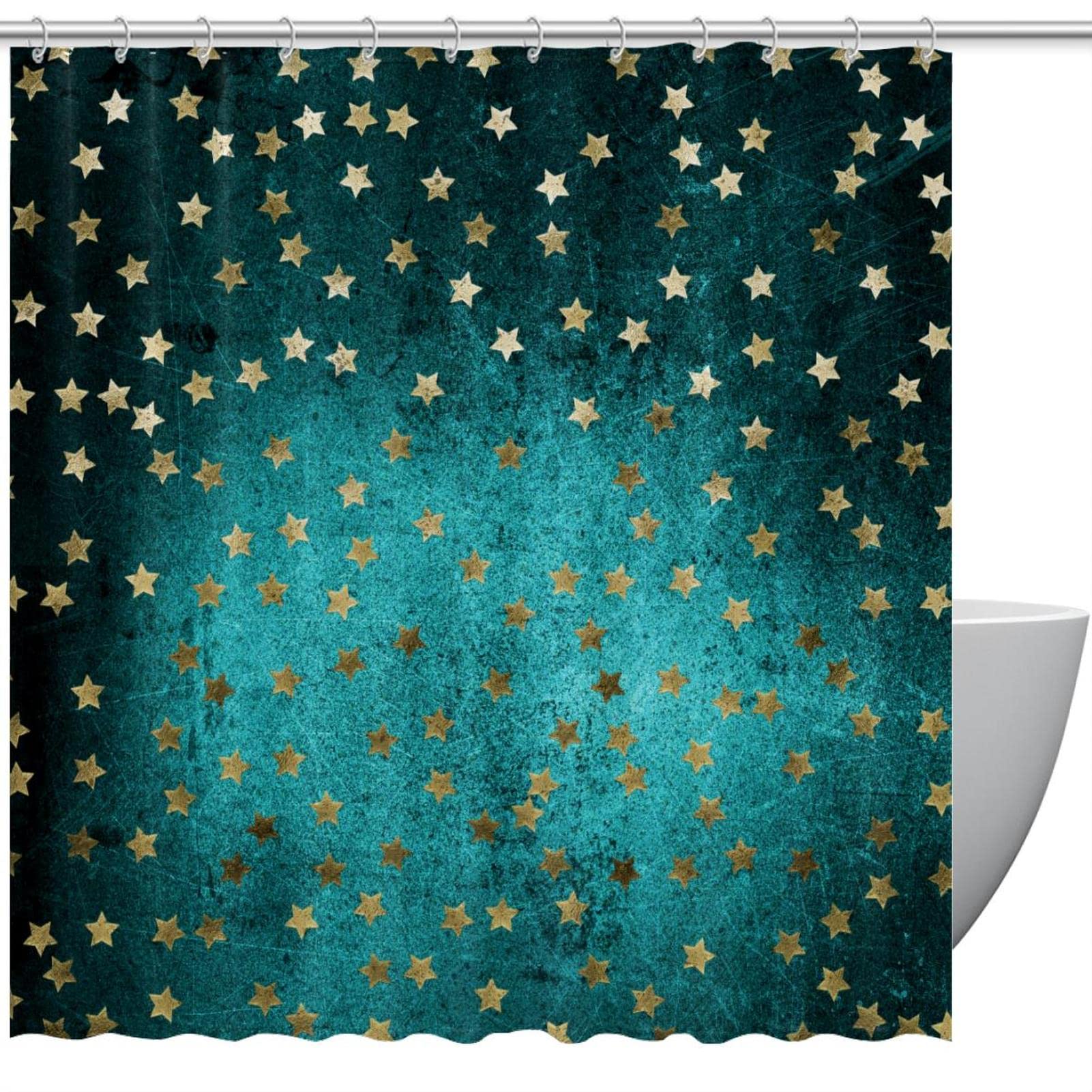 Rideau de douche anti odeur vert foncé ciel étoilé doré textile sain