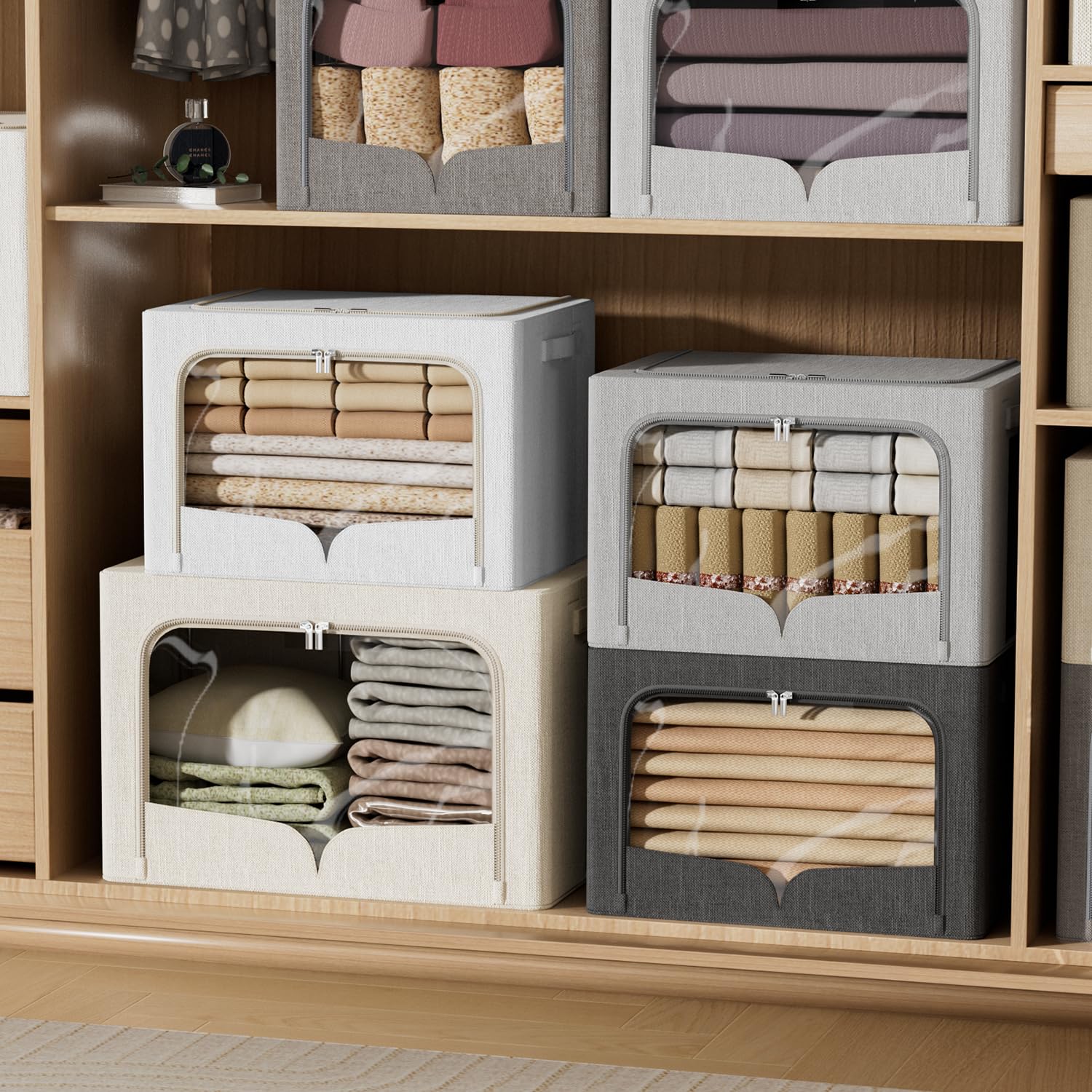 Set di 3 contenori pieghevoli, cestini in tessuto, organizer per