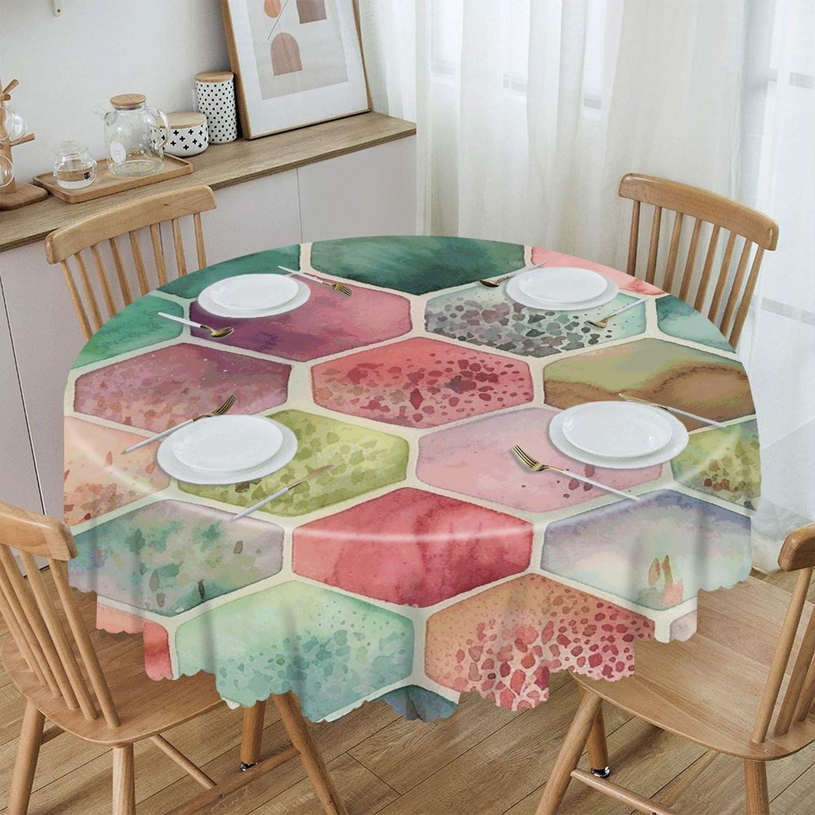 VstaDank Ancient Pattern Style Round Tablecloth 60 Inch Easy to Clean Circle Table Cover Thick Decorative Round Polyester Table Cloth for Dining Kitchen Party Farmhouse Outdoor