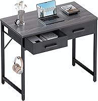 Vista 8 de Pamray Escritorio pequeño para computadora de 32 pulgadas con 2 cajones para dormitorio, estudio, escritura, mesa de oficina en casa para espacios