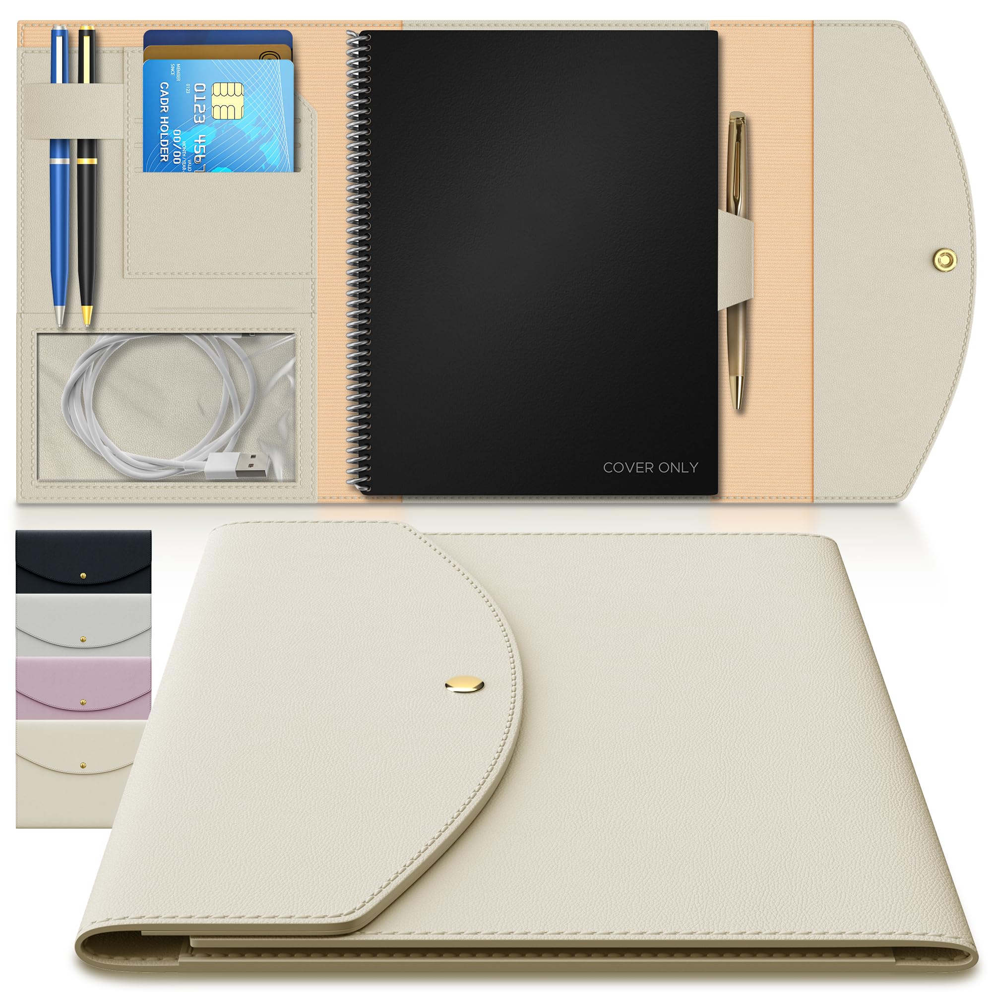 A5 Notebook Cover for Rocketbook Planner & Journal, Slim Vegan Leather Folio with Pen Loop, Card Slots & Pockets
