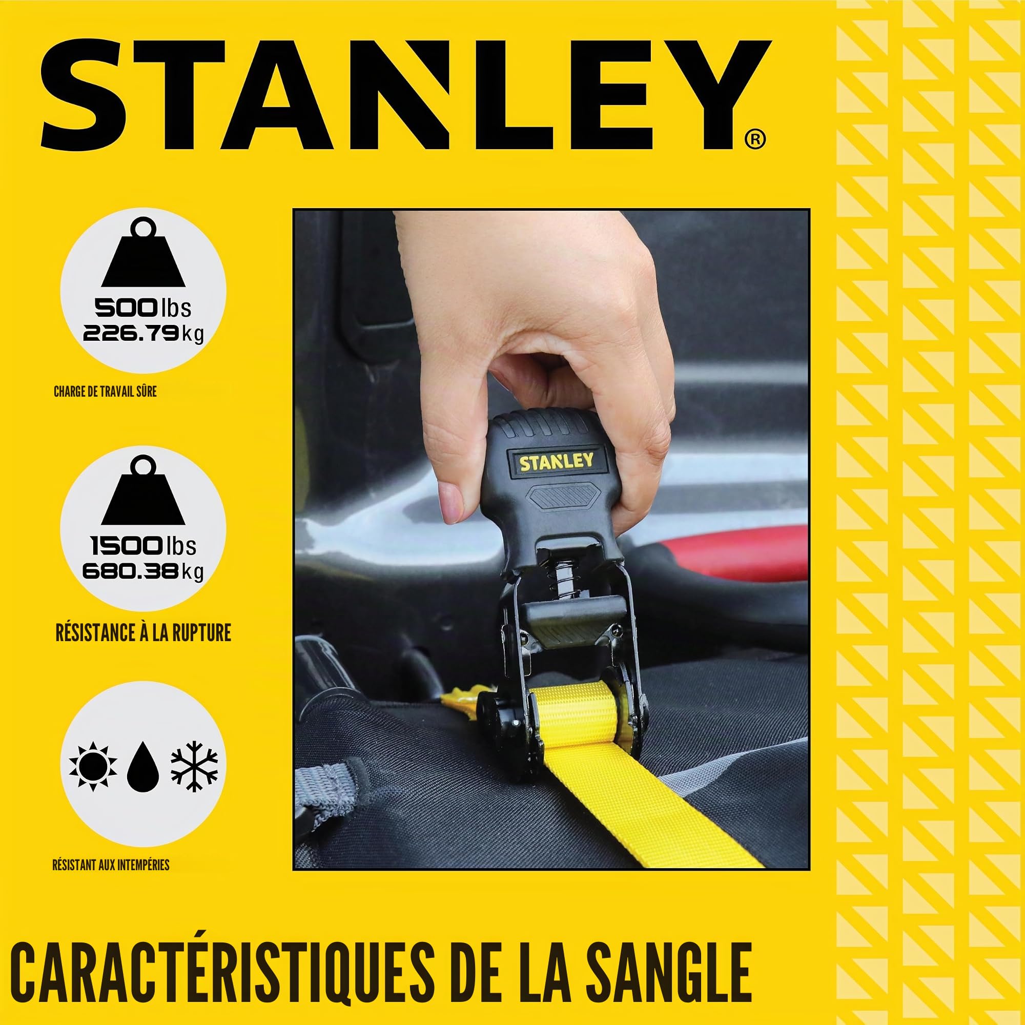 Stanley S1000 Lot de 8 Sangles à cliquet Stanley - 2,5 cm x 3,05 m - pour Transport de Charges légères (résistance à la Rupture de 680 kg) - Noir/Jaune