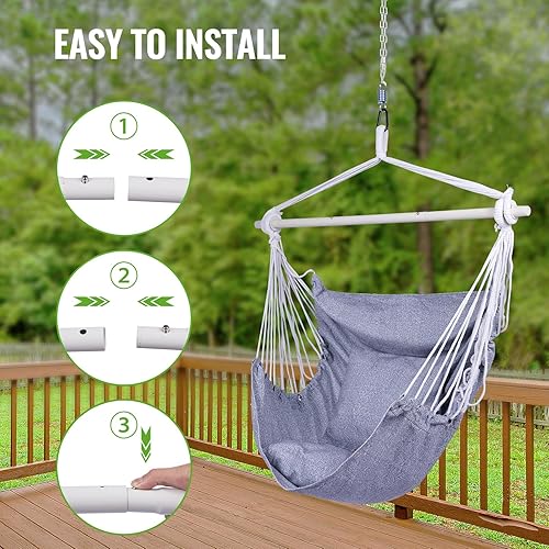 Miniatura 6 de Backyard Expressions - Silla hamaca colgante de cuerda, 2 almohadas, barra separadora de acero antideslizante