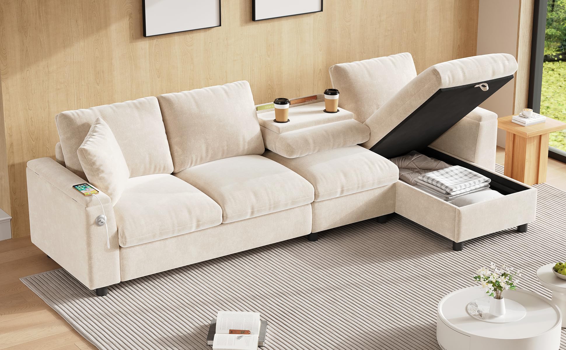 Sofa narożna w kształcie litery L, funkcja spania i wysuwana sofa, materiał szenilowy, miejsce do przechowywania + rozkładany stolik kawowy, złącze ładowania USB-C, regulacja w prawo/lewo