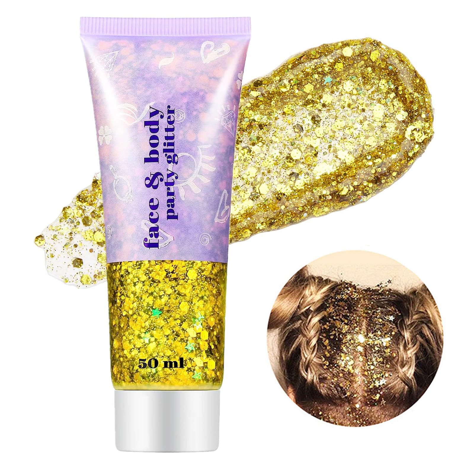 Go Ho Gold Face Body Glitter Gel 50ML,Singer Concerts Hair Glitter Makeup,Holographic Long Lasting Chunky Sequins Glitters Sparkling,Festival Rave Accessories for Face Gems,02 Gold