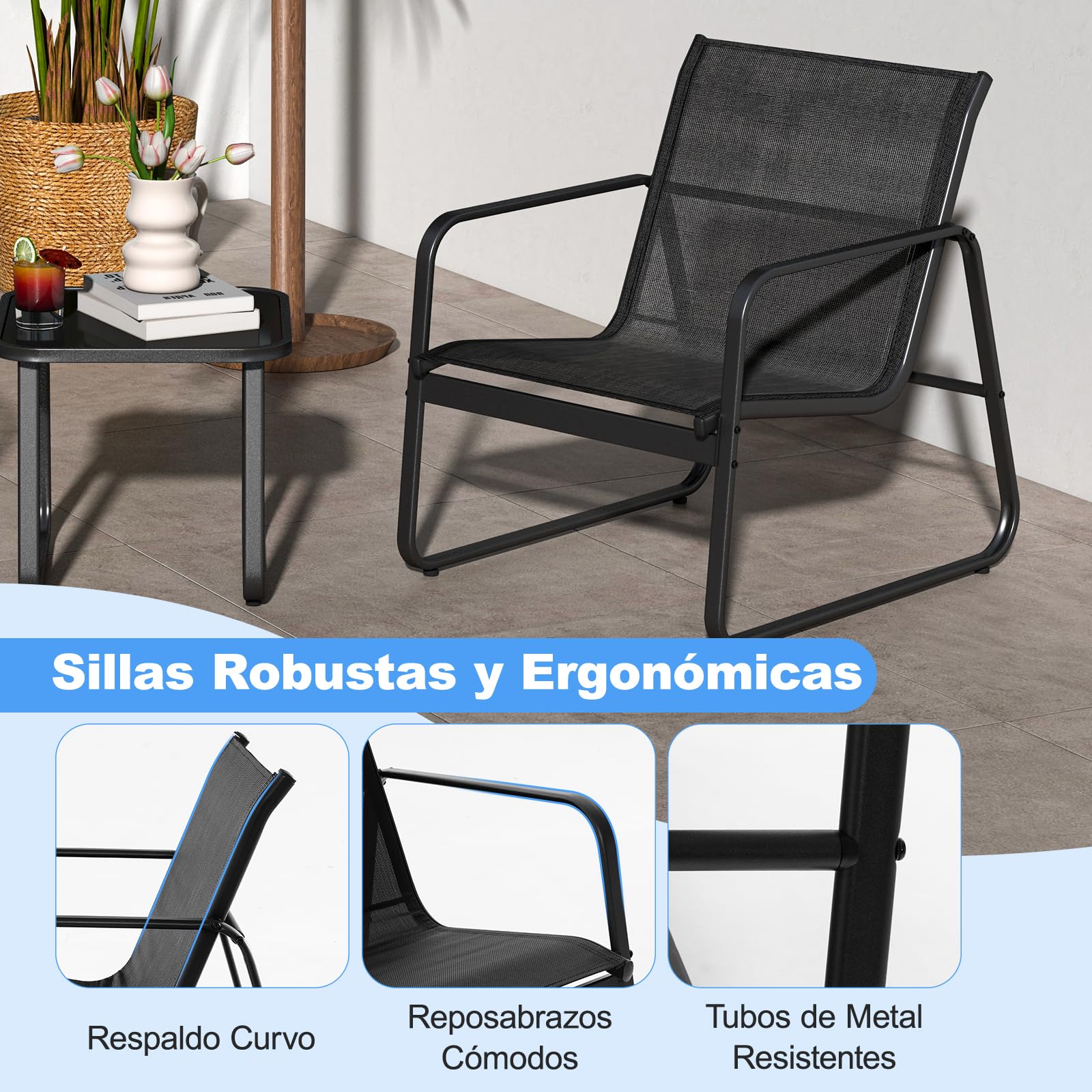 COSTWAY Conjunto Mesa y Sillas Jardin 3 Piezas, Conjunto Jardin Exterior Mesa y Sillas, 2 Siilas de Tela Transpirable y 1 Mesa Encimera de Vidrio Templado,Terraza Balcón (Negro)